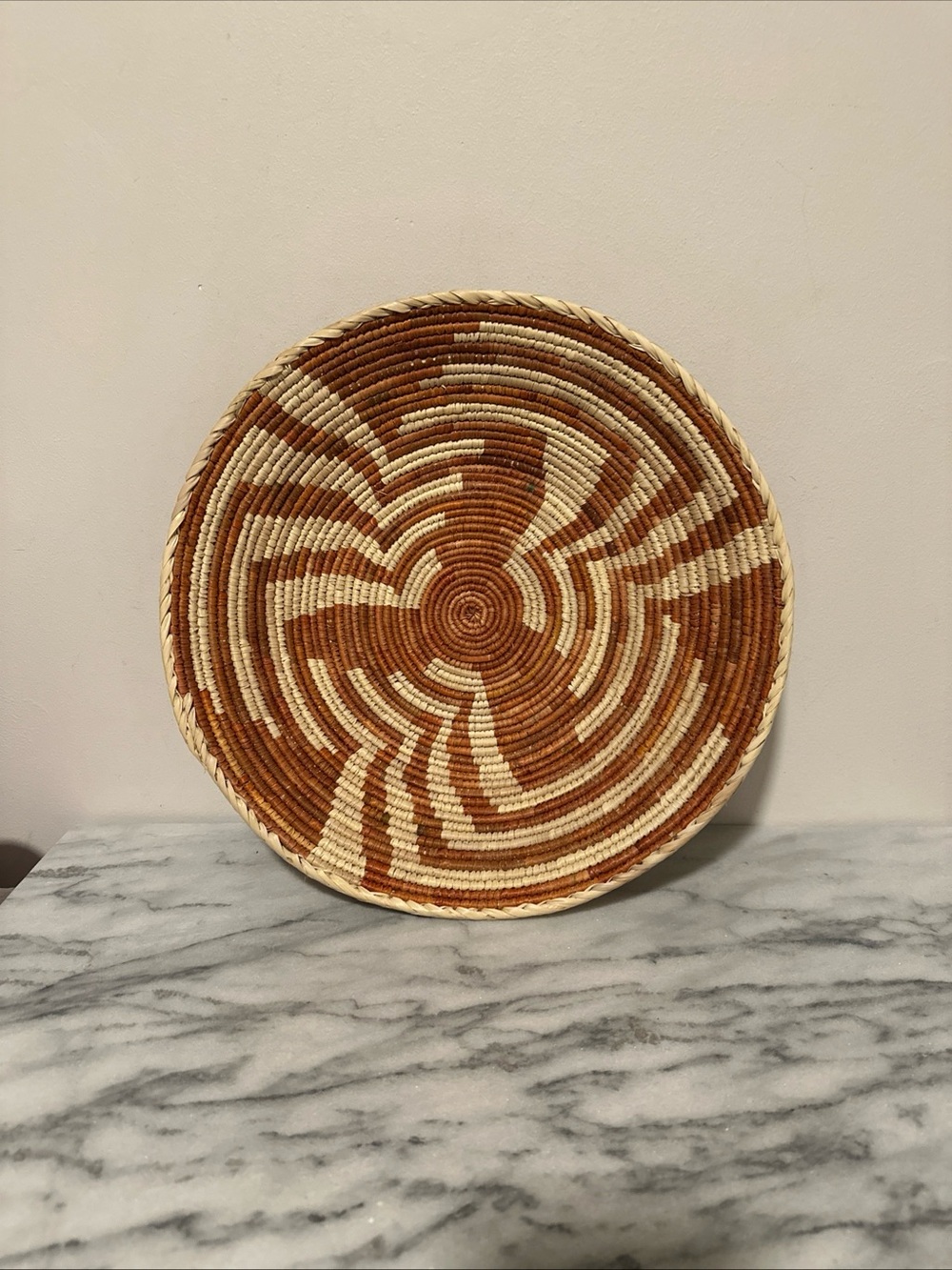 Handwoven Decorative Wall Basket in Brown and Cream small weave vintage